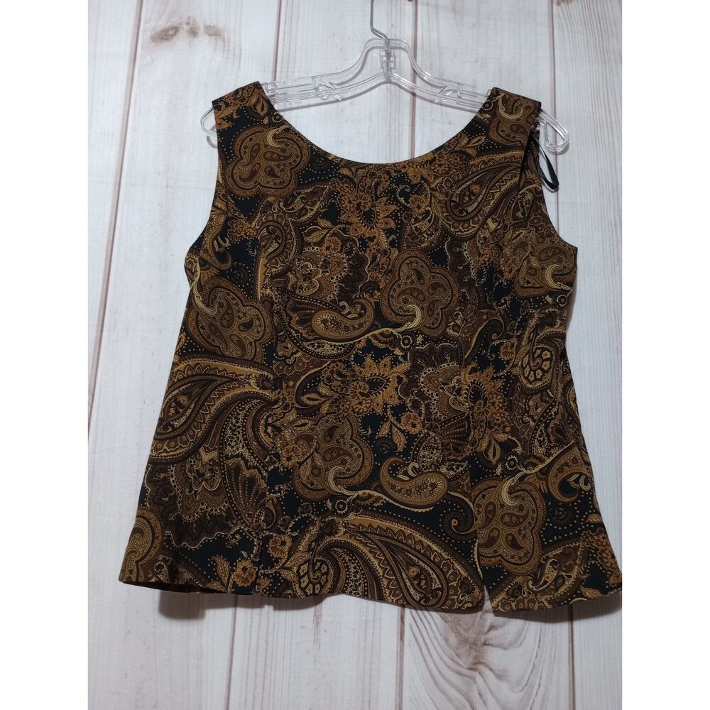 R&K Originals Womens Brown Gold Paisley Sleeveless Shell Top Side Zip Size 14